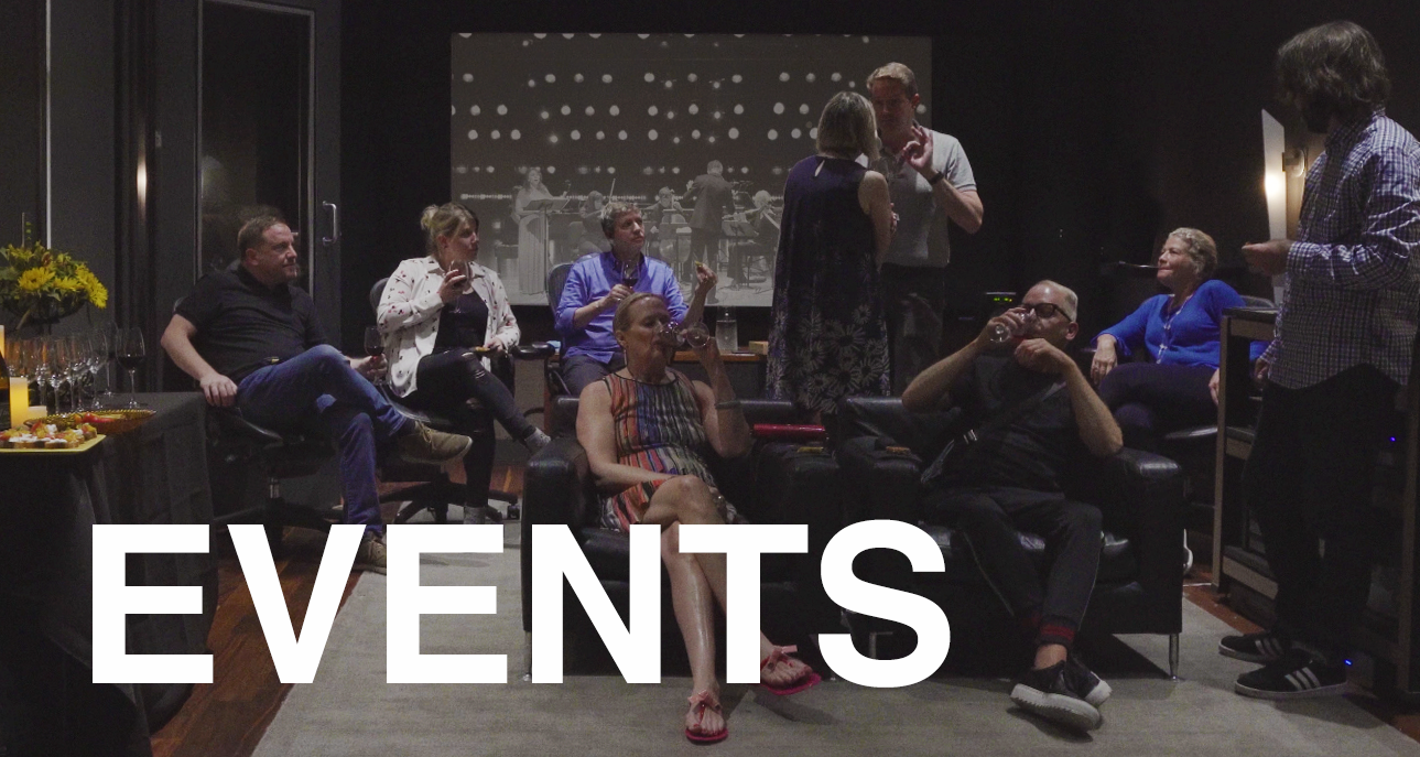 People socializing at a music-and-wine tasting event in a dark screening room, with the word EVENTS across the image
