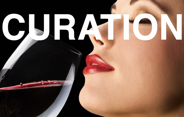 Close-up of a woman's red lips sipping red wine, with the word CURATION across the image
