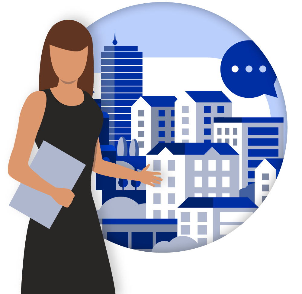 Flat illustration of a businesswoman in a black dress holding a folder in front of a circular blue cityscape with a speech-bubble chat icon