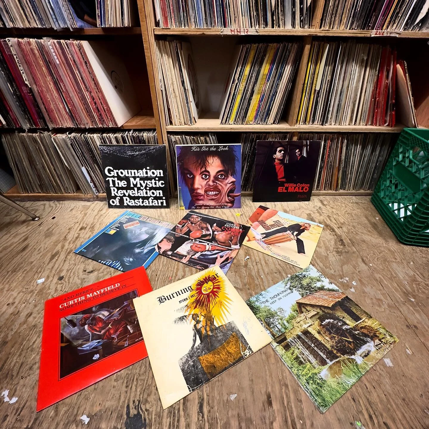 Flat-lay of vinyl albums spread on the floor in front of the record bins