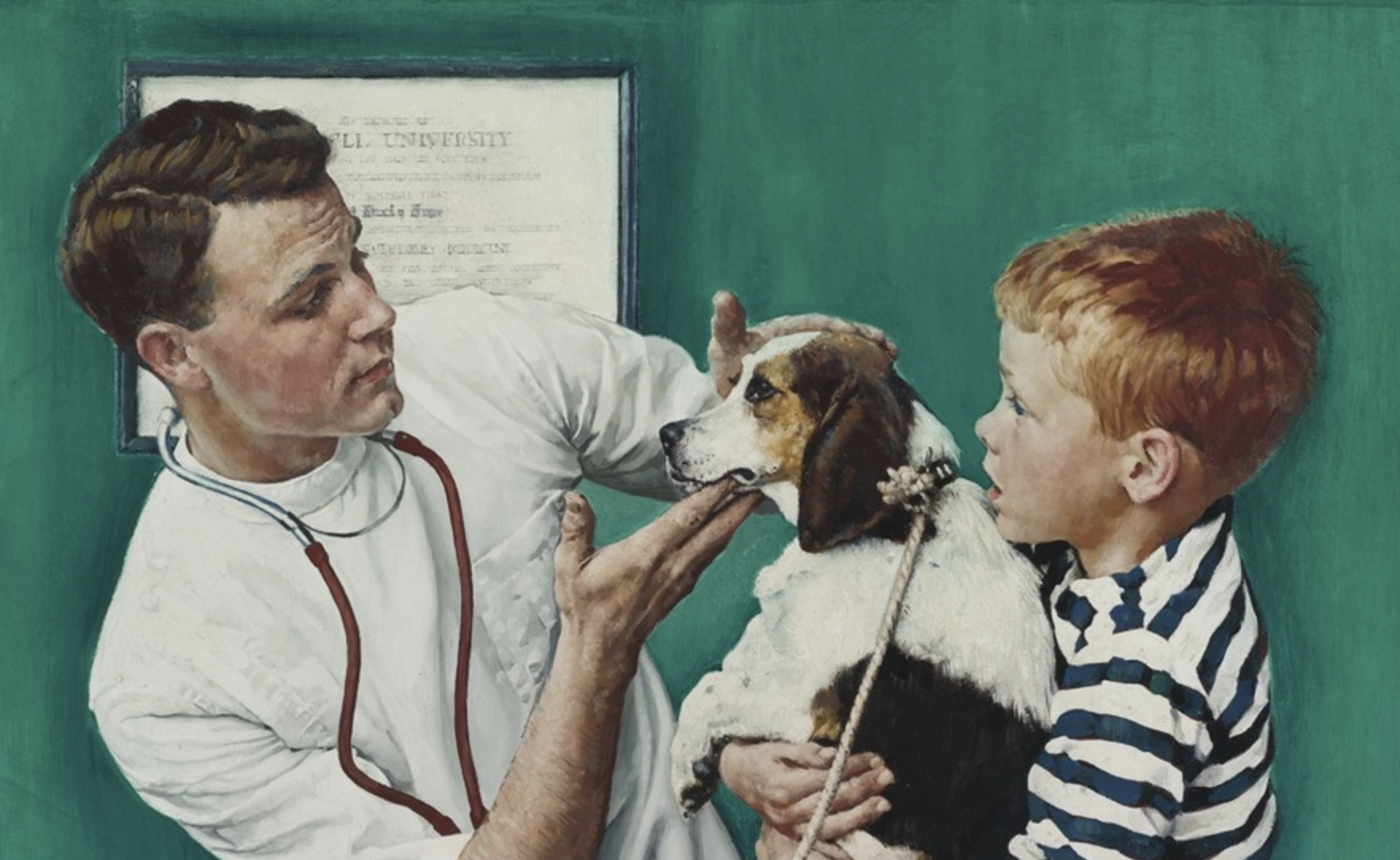 Vintage illustration of a veterinarian in a white coat examining a beagle held by a red-haired boy, against a deep green wall with a framed diploma.