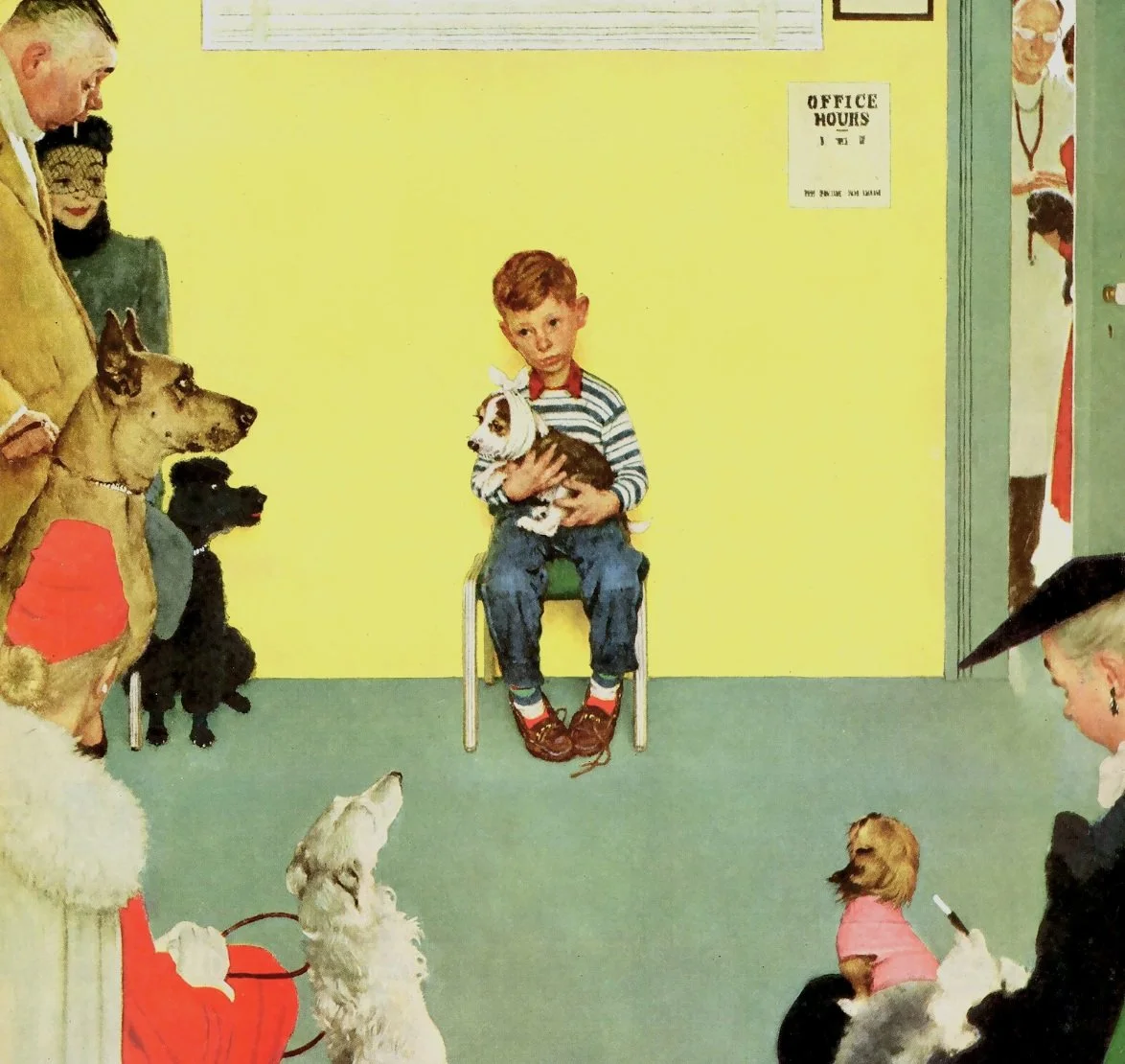 Vintage illustration of a veterinary waiting room: a boy seated holding a puppy, surrounded by other pets and their owners against yellow walls.