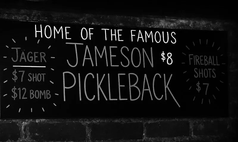 The Jameson Pickleback chalkboard sign at Bull McCabes