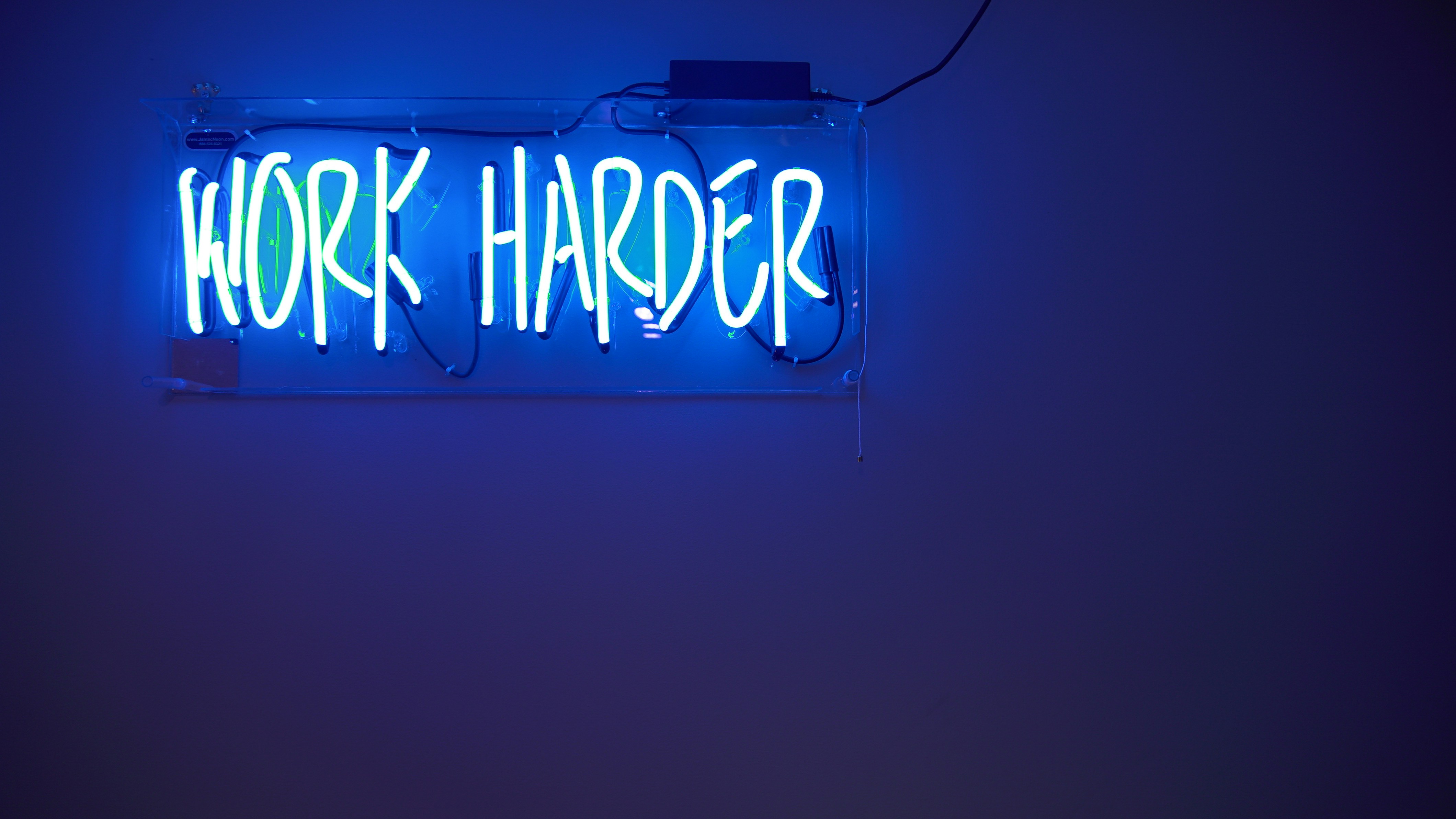 Blue neon sign on a dark wall reading WORK HARDER