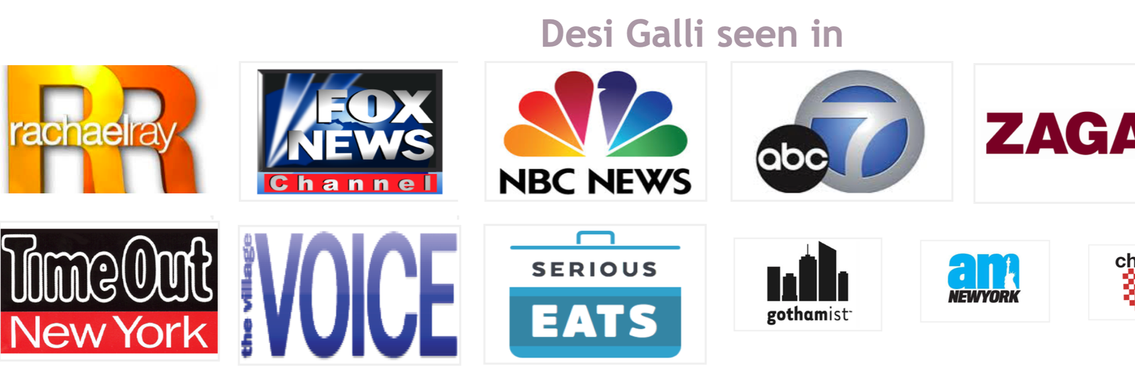 Press logos: Rachael Ray, Fox News, NBC News, ABC7, Zagat, Time Out New York, The Village Voice, Serious Eats, Gothamist and AM New York