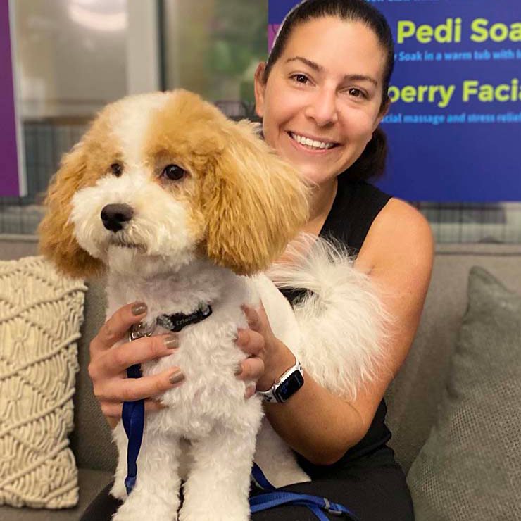 Brunette woman holding a tan and white cavapoo puppy in the DOGMA lobby