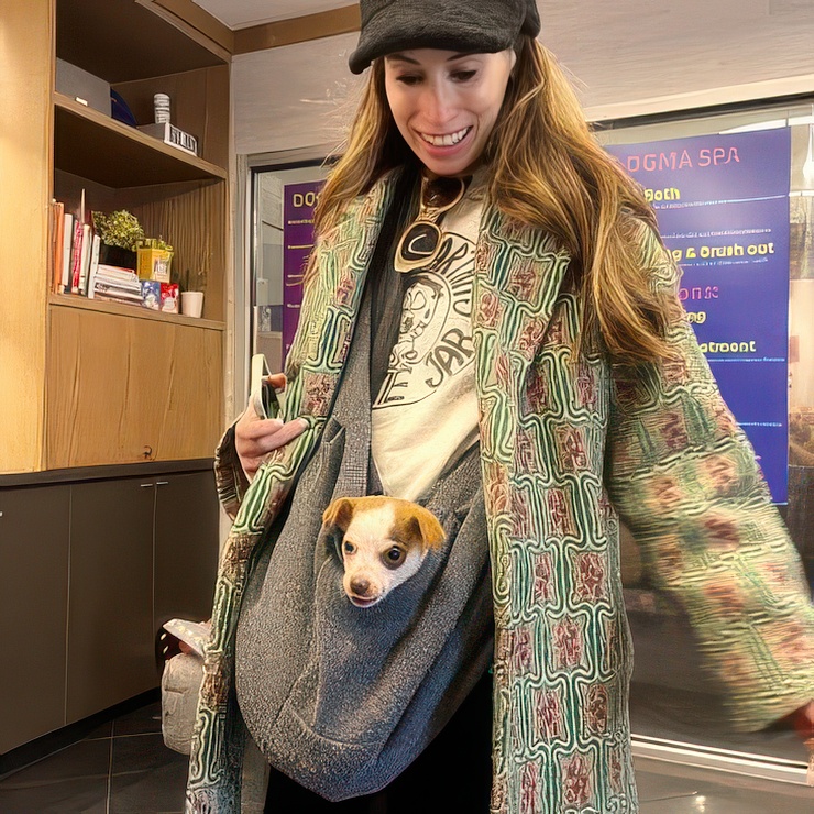 Woman looking down at a tiny Chihuahua puppy peeking from a sling bag