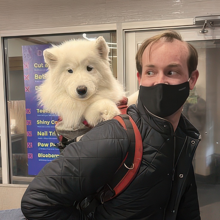 Man with a fluffy white Samoyed puppy on his shoulder outside DOGMA
