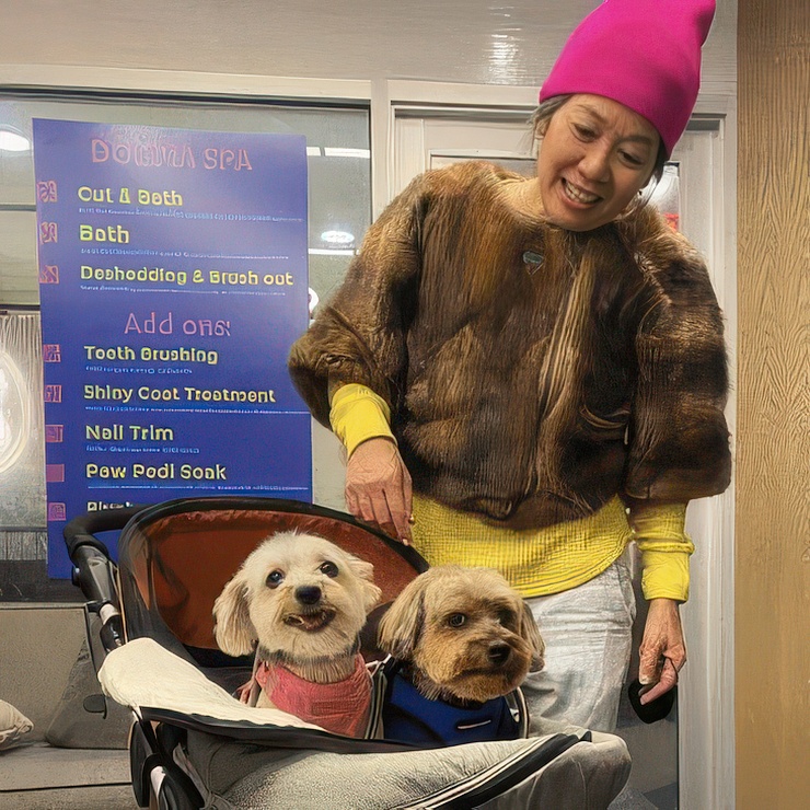 Woman in a pink beanie with two small dogs in a pet stroller at DOGMA