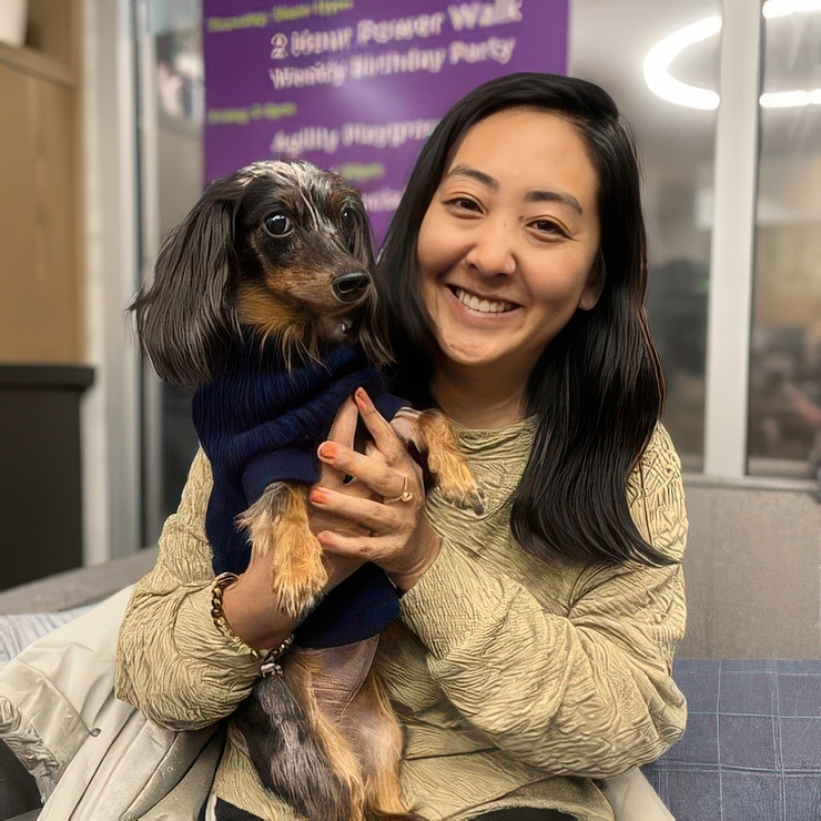 Woman holding a long-haired dachshund in a sweater at DOGMA
