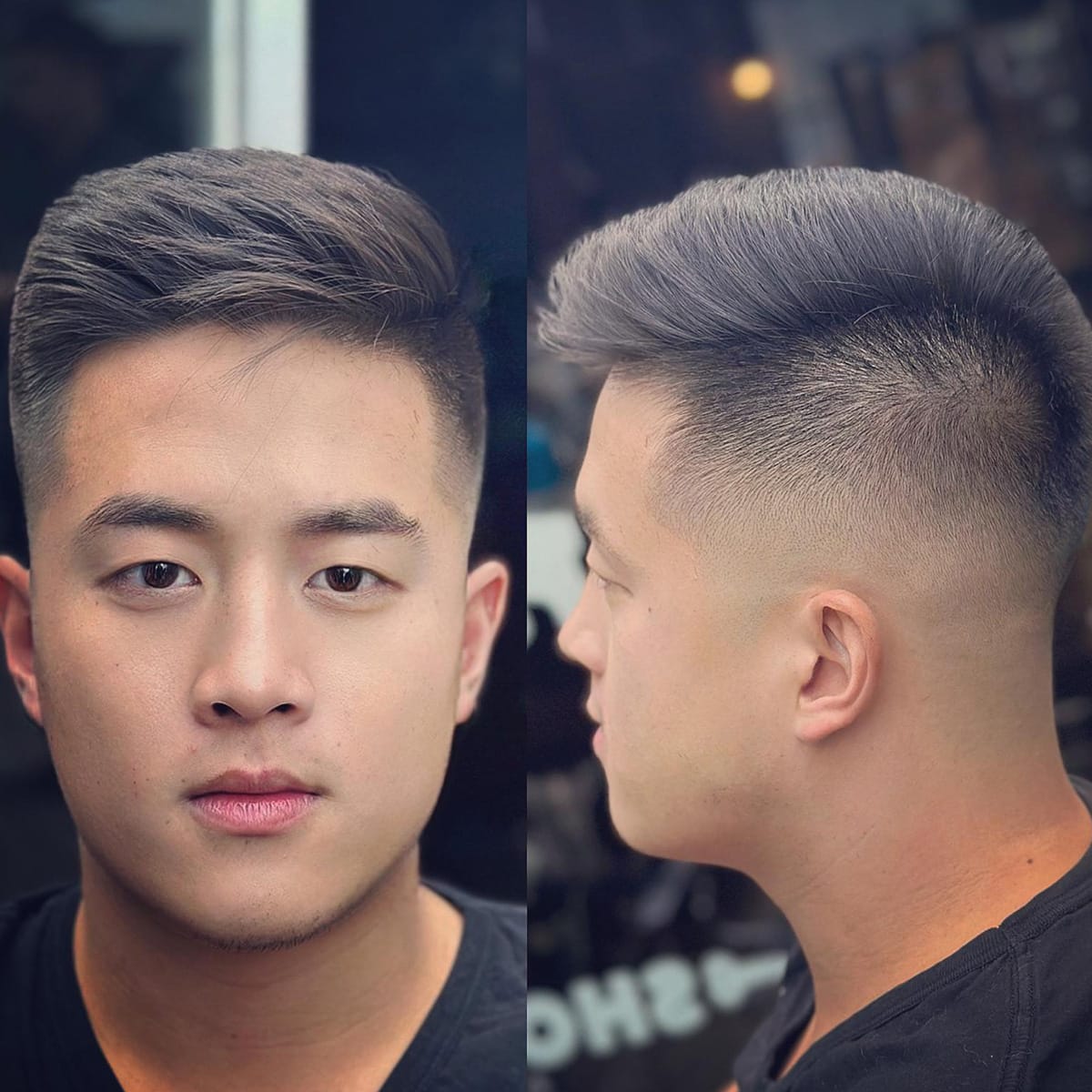 Before and after — fade haircut shown front and side