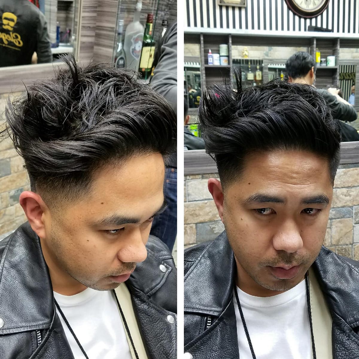Before and after — textured quiff and pompadour with taper fade, side and front views