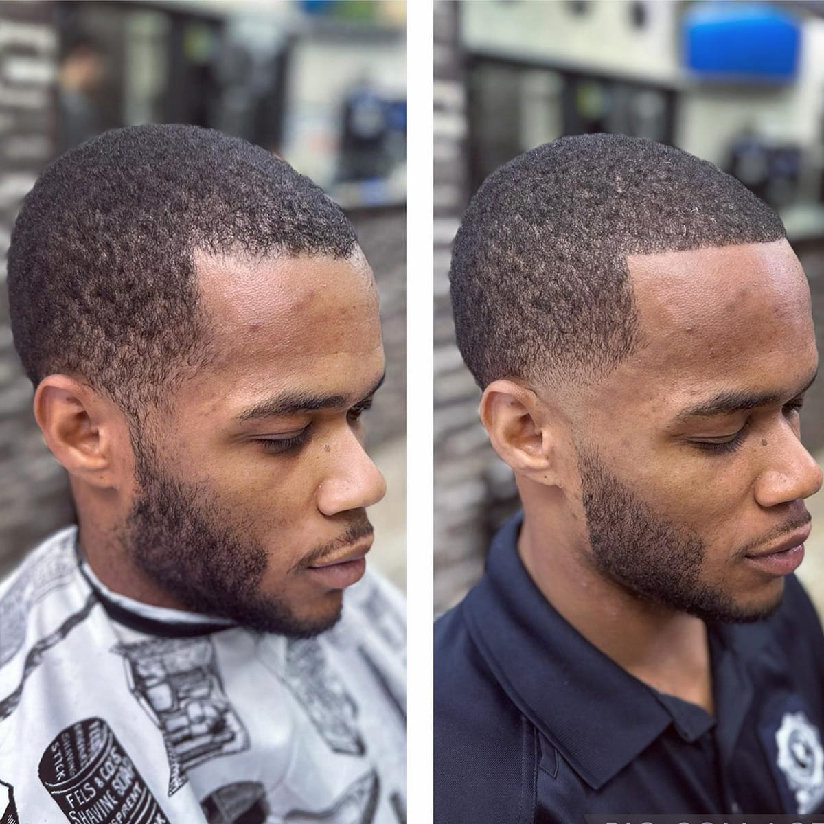 Before and after — short buzz cut with low fade, two side-profile views