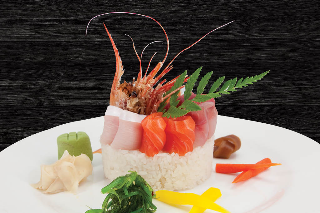 Sashimi tower with shrimp, salmon and tuna