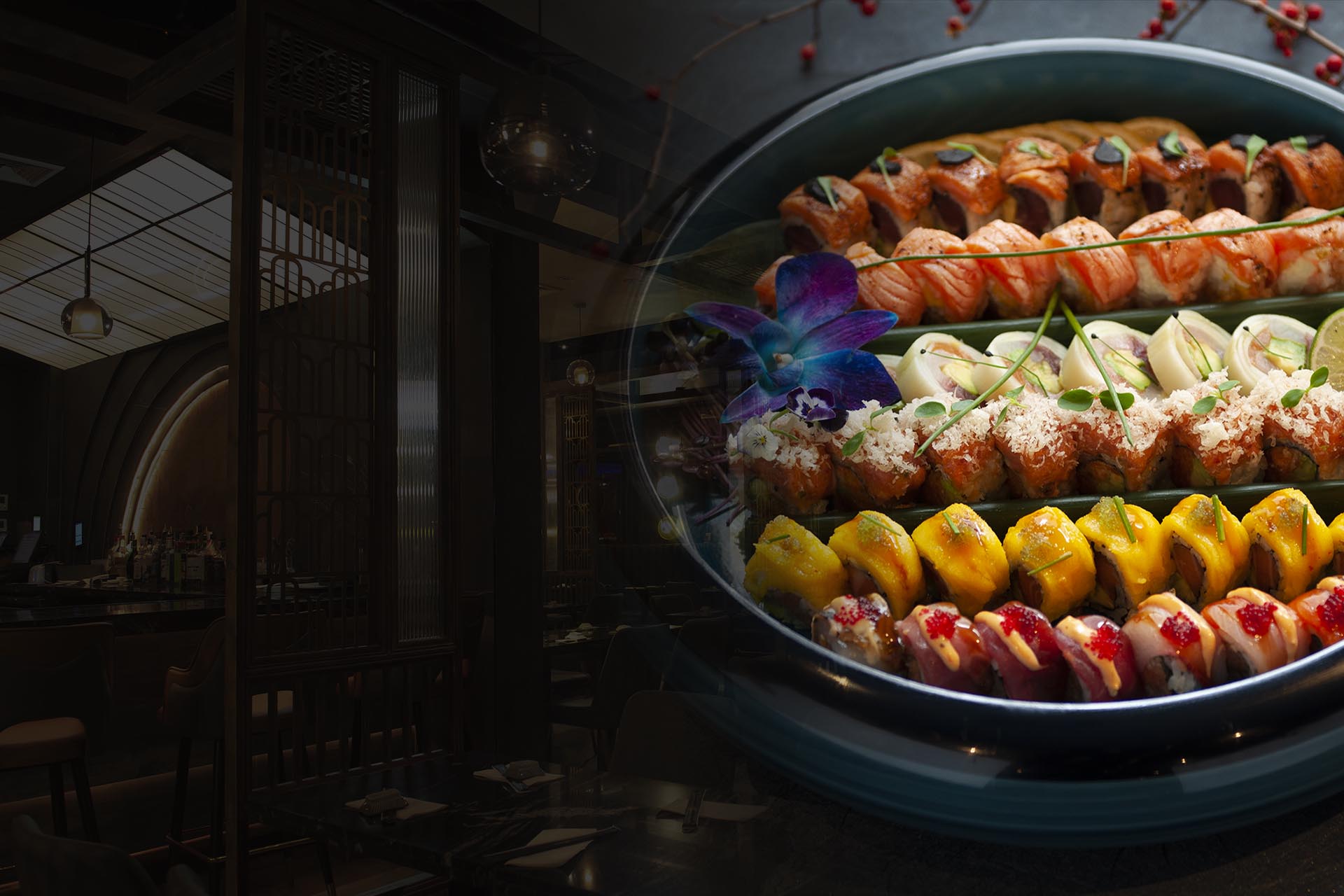 Hane dining room with a platter of assorted sushi rolls