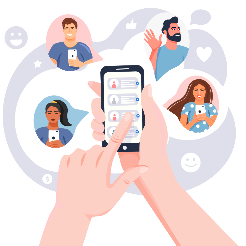 Illustration of a hand holding a phone surrounded by friend avatars