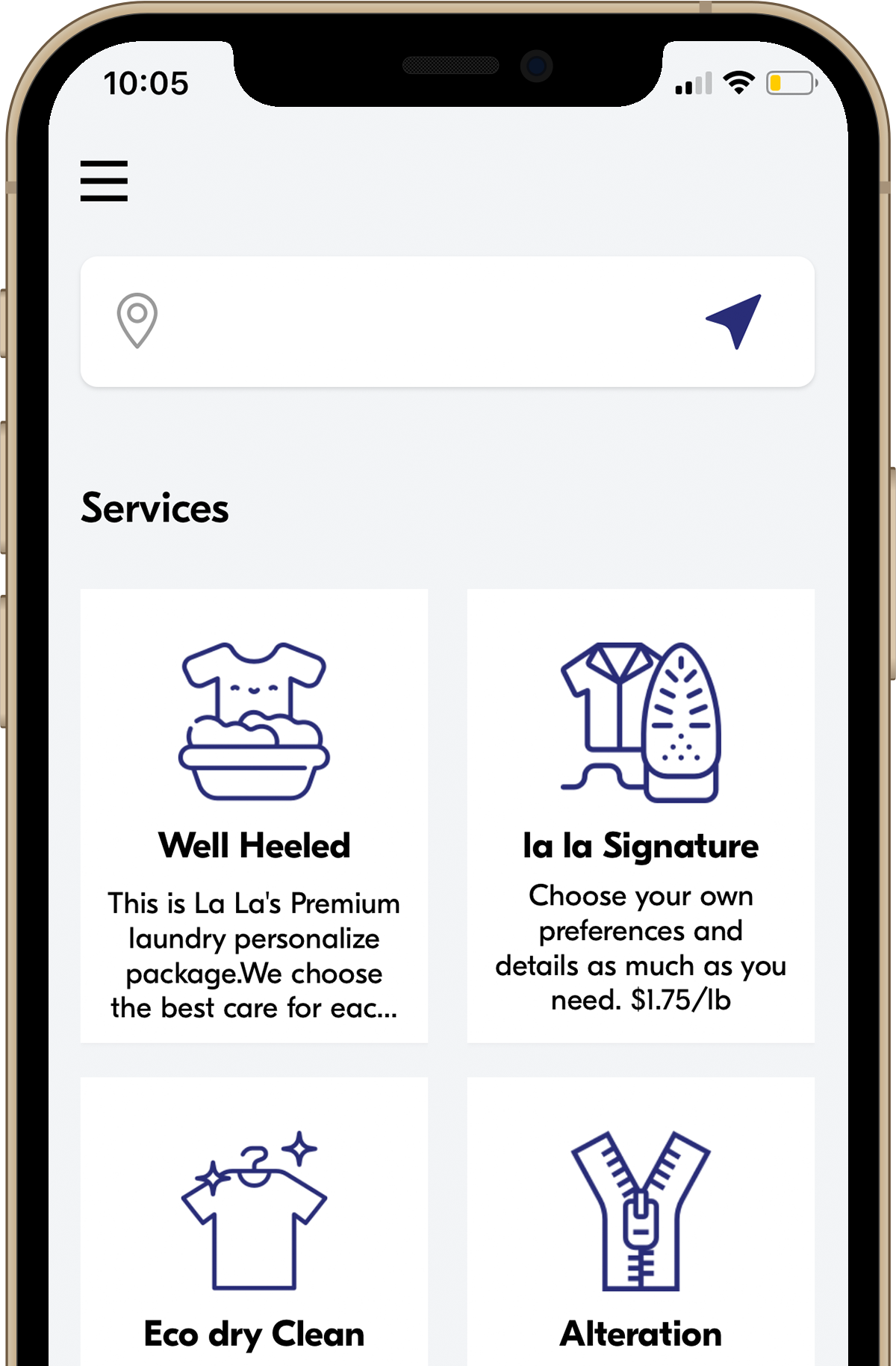 iPhone 12 Pro mockup showing the La La Laundry app services screen