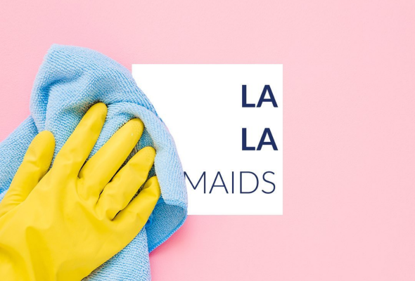 La La Maids panel — yellow-gloved hand with a blue cloth on pink, with the La La Maids logo