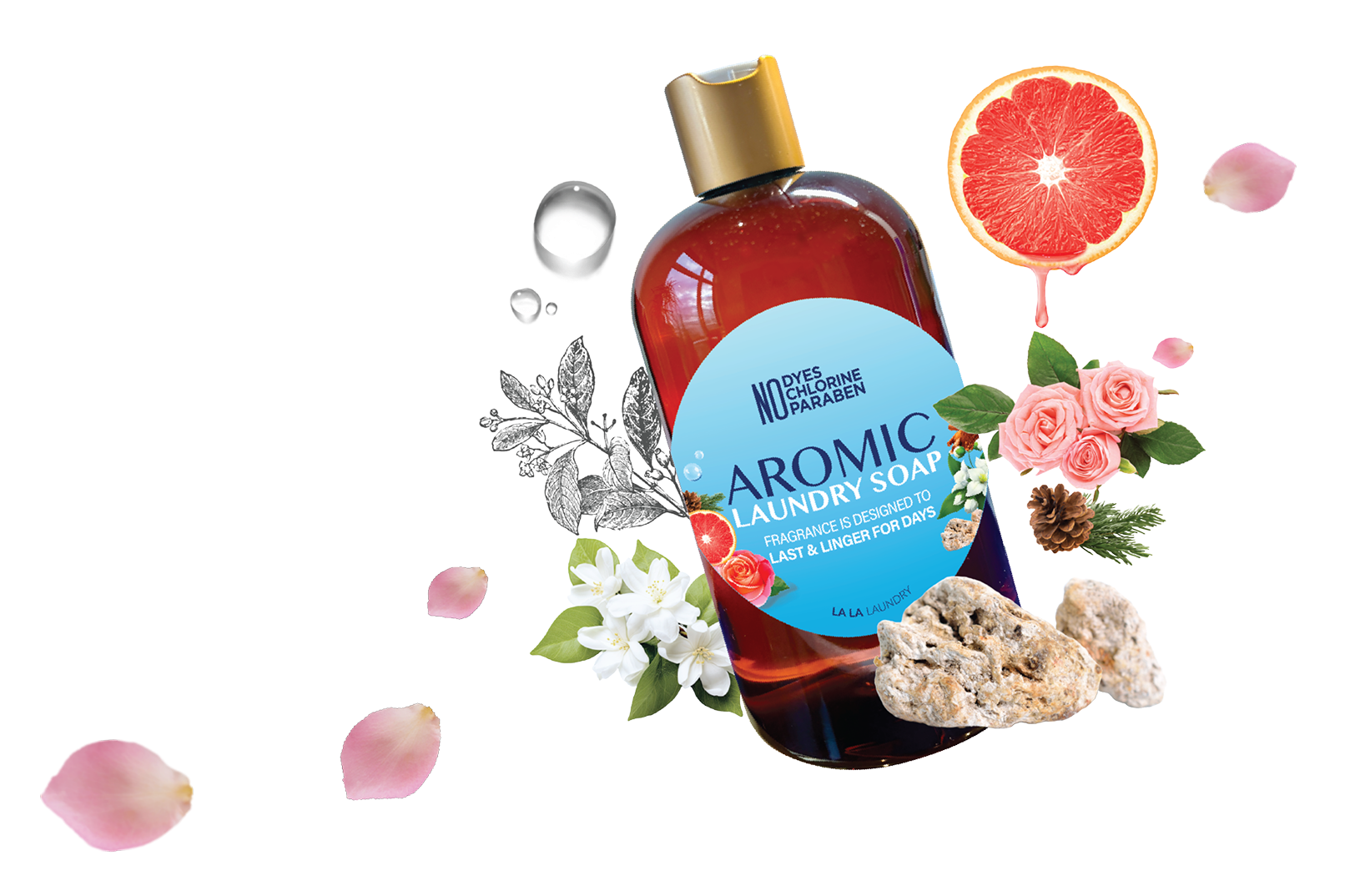 AROMIC laundry soap bottle surrounded by grapefruit, flowers, rose petals and stones