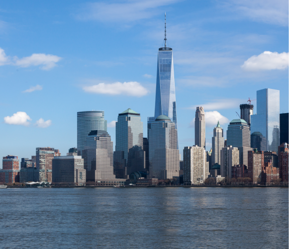 New York City skyline from the water featuring One World Trade Center