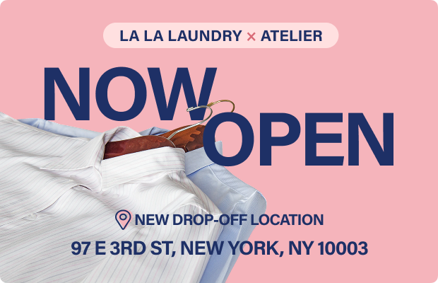 La La Laundry x Atelier Now Open announcement card for the new drop-off location at 97 E 3rd St