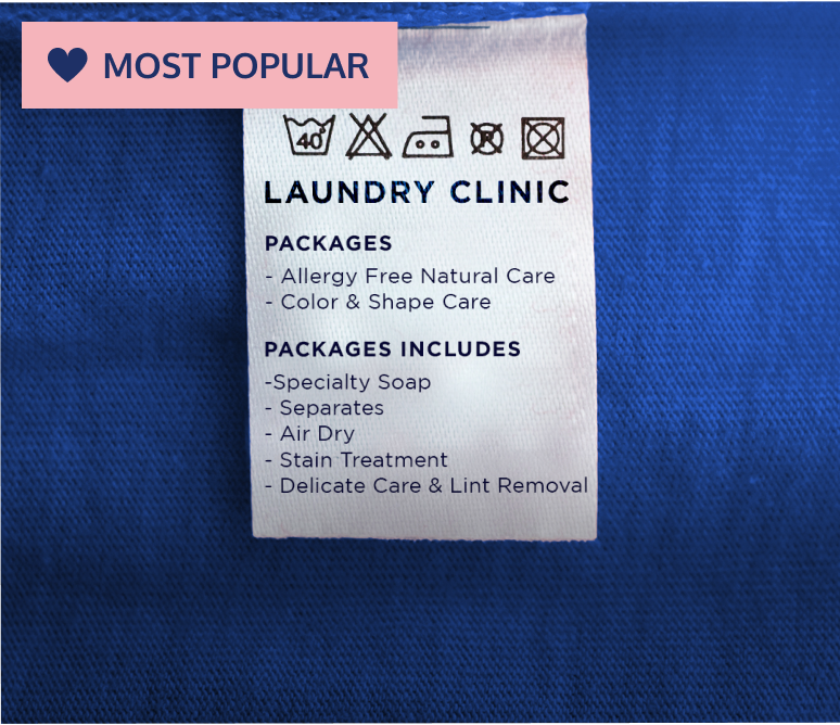 Clothing care label on blue fabric listing the Laundry Clinic package details, tagged Most Popular