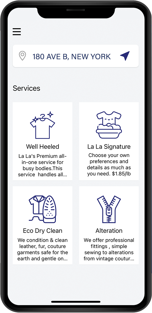 La La Laundry app services screen on a smartphone