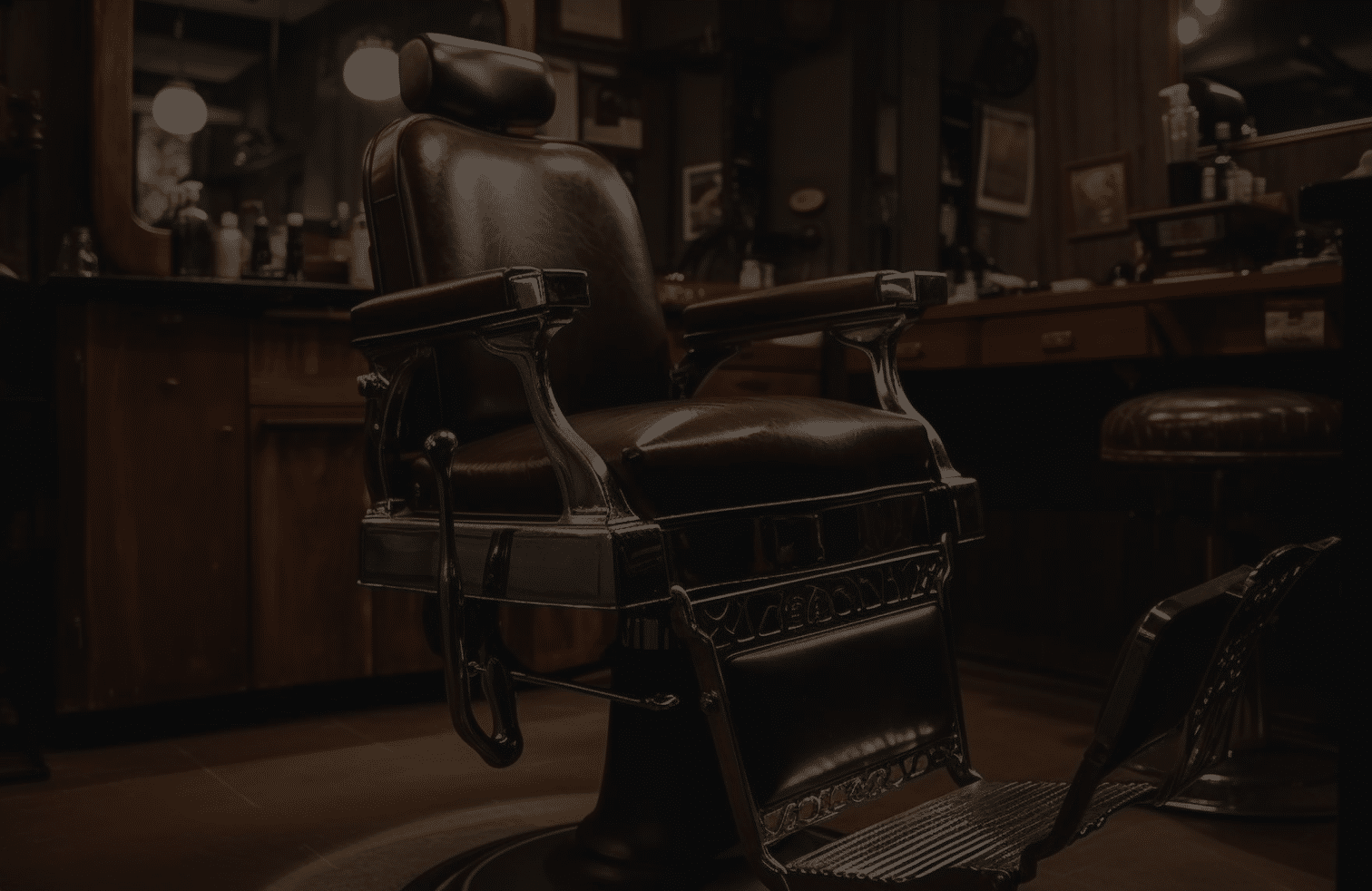 Vintage barber chair in the warm, dark interior of Makas Barbershop