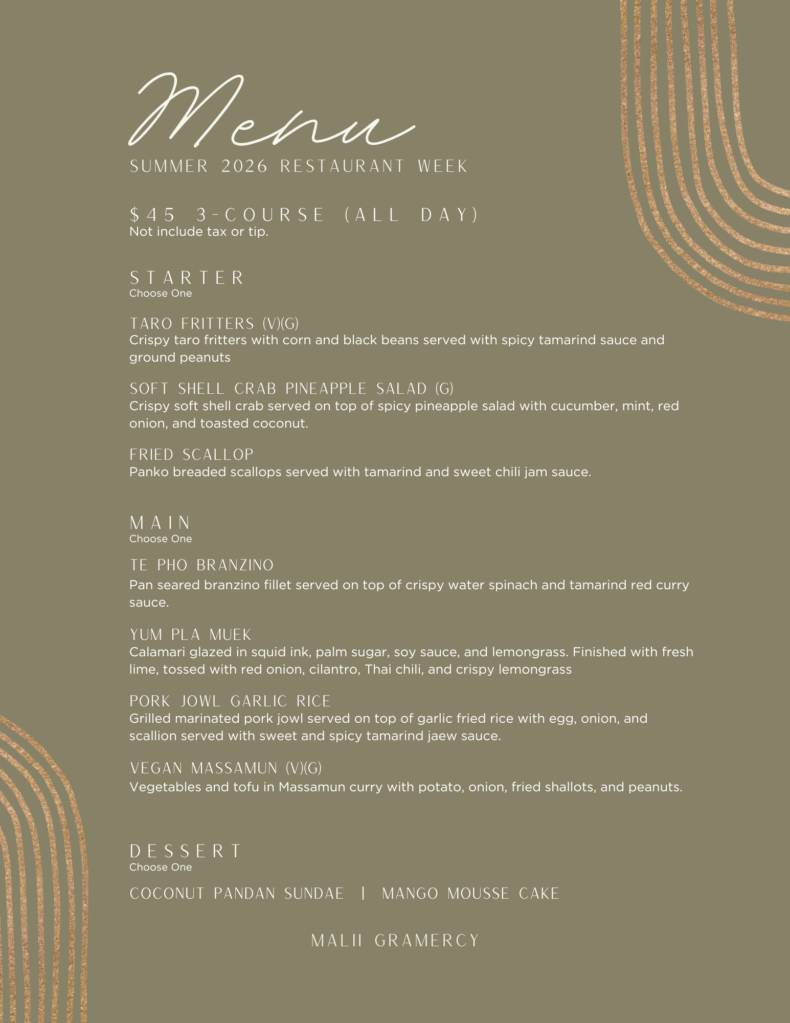 Malii Gramercy Summer 2026 Restaurant Week $45 three-course dinner menu card