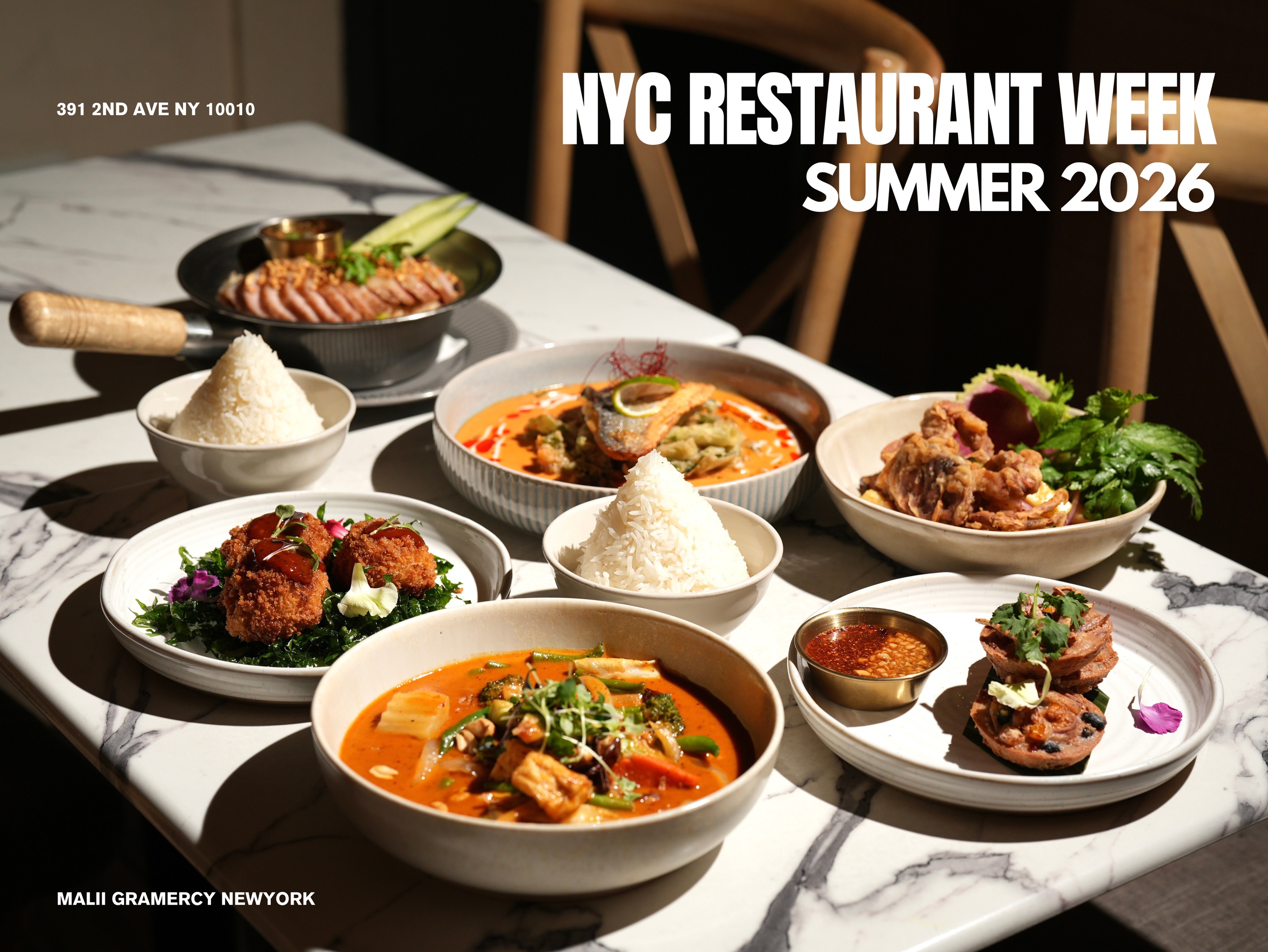 NYC Restaurant Week Summer 2026 spread of Thai dishes on marble