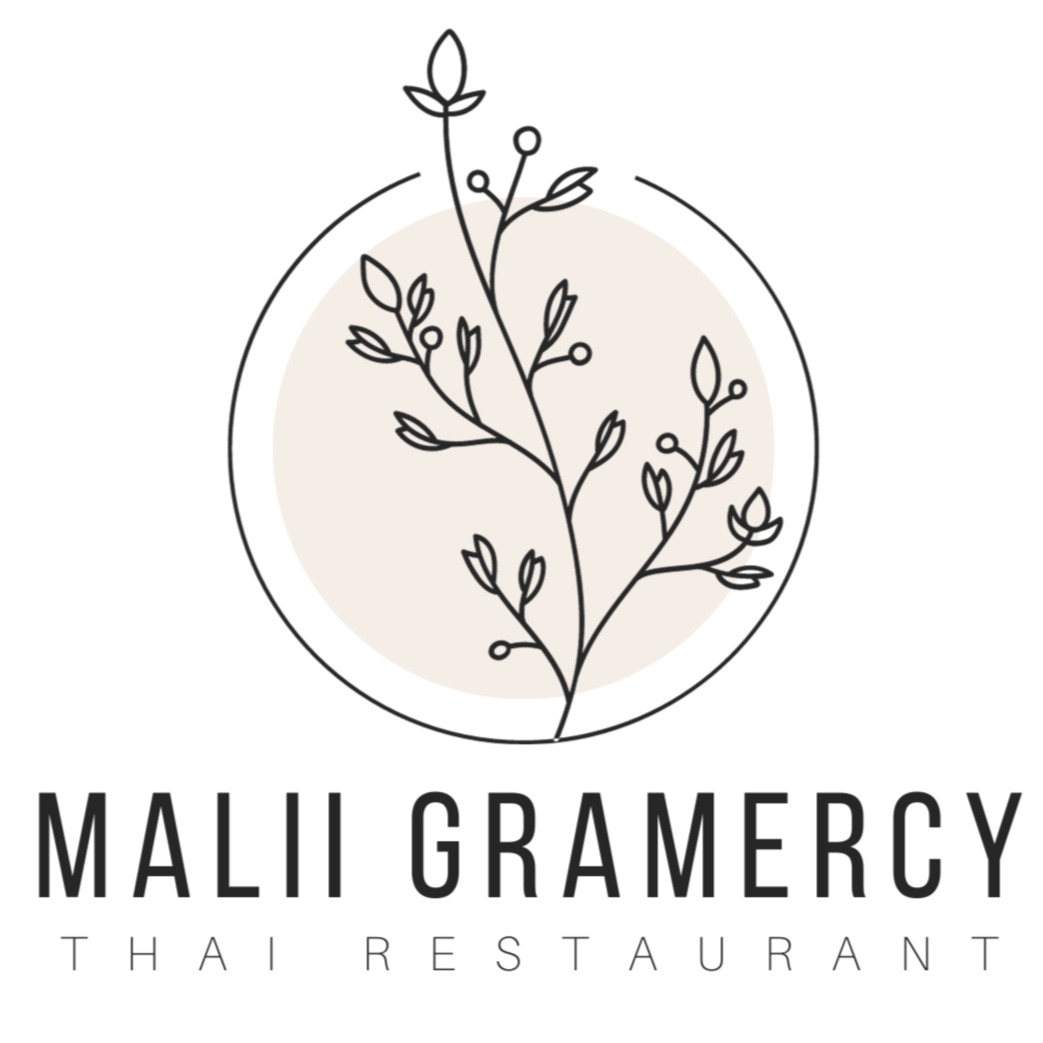 Malii Gramercy Thai Restaurant logo: botanical branch in a circle above the wordmark