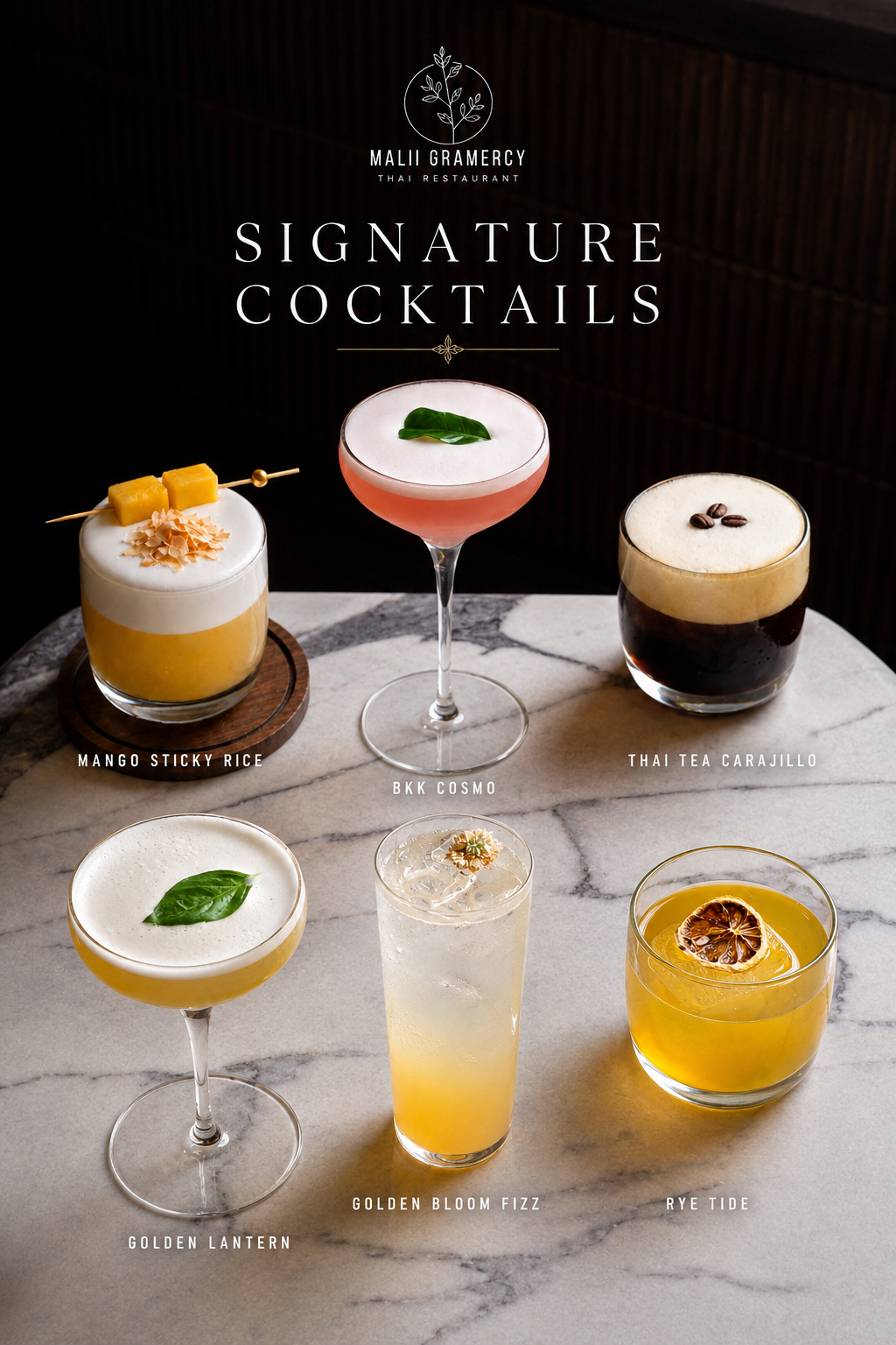Malii Gramercy signature cocktails poster showing six house cocktails