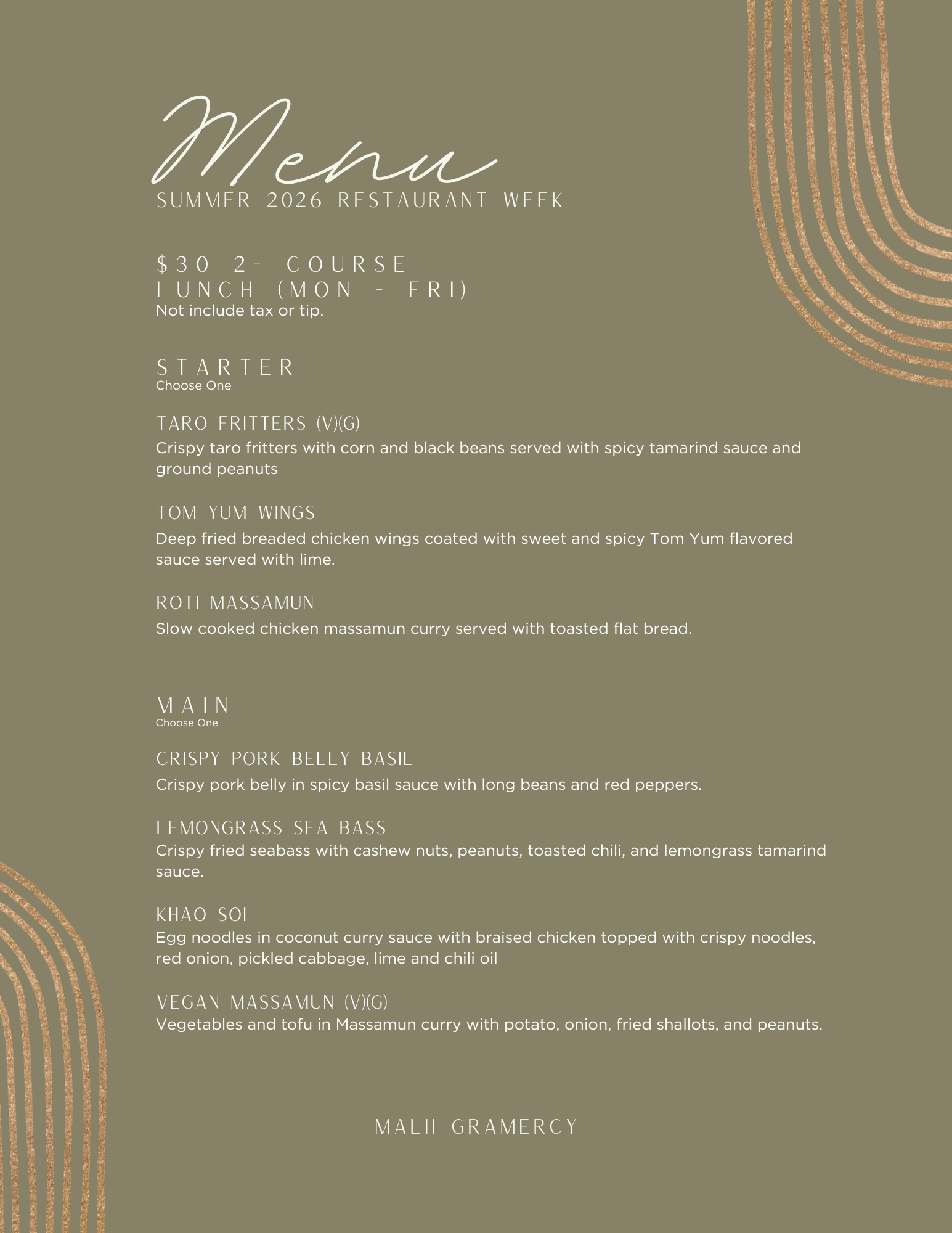 Malii Gramercy Summer 2026 Restaurant Week $30 two-course lunch menu card