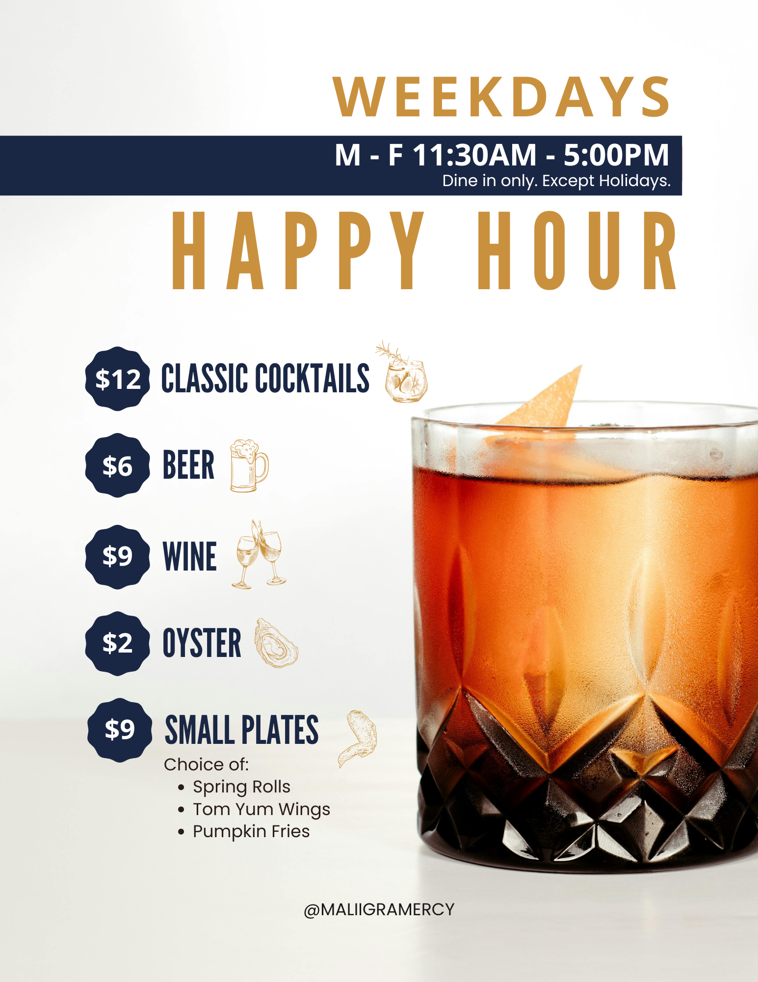 Malii Gramercy happy hour flyer with weekday hours and pricing