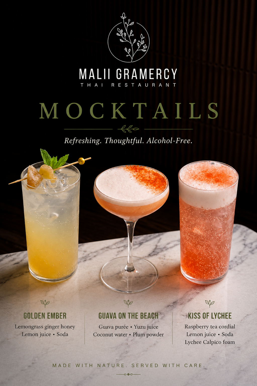 Malii Gramercy mocktails poster featuring Golden Ember, Guava on the Beach and Kiss of Lychee