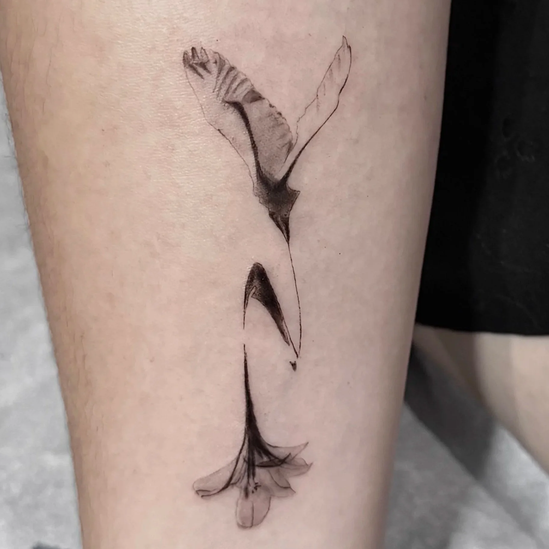 Fine-line black-and-grey tattoo of a bird in flight above a lily flower, on a leg