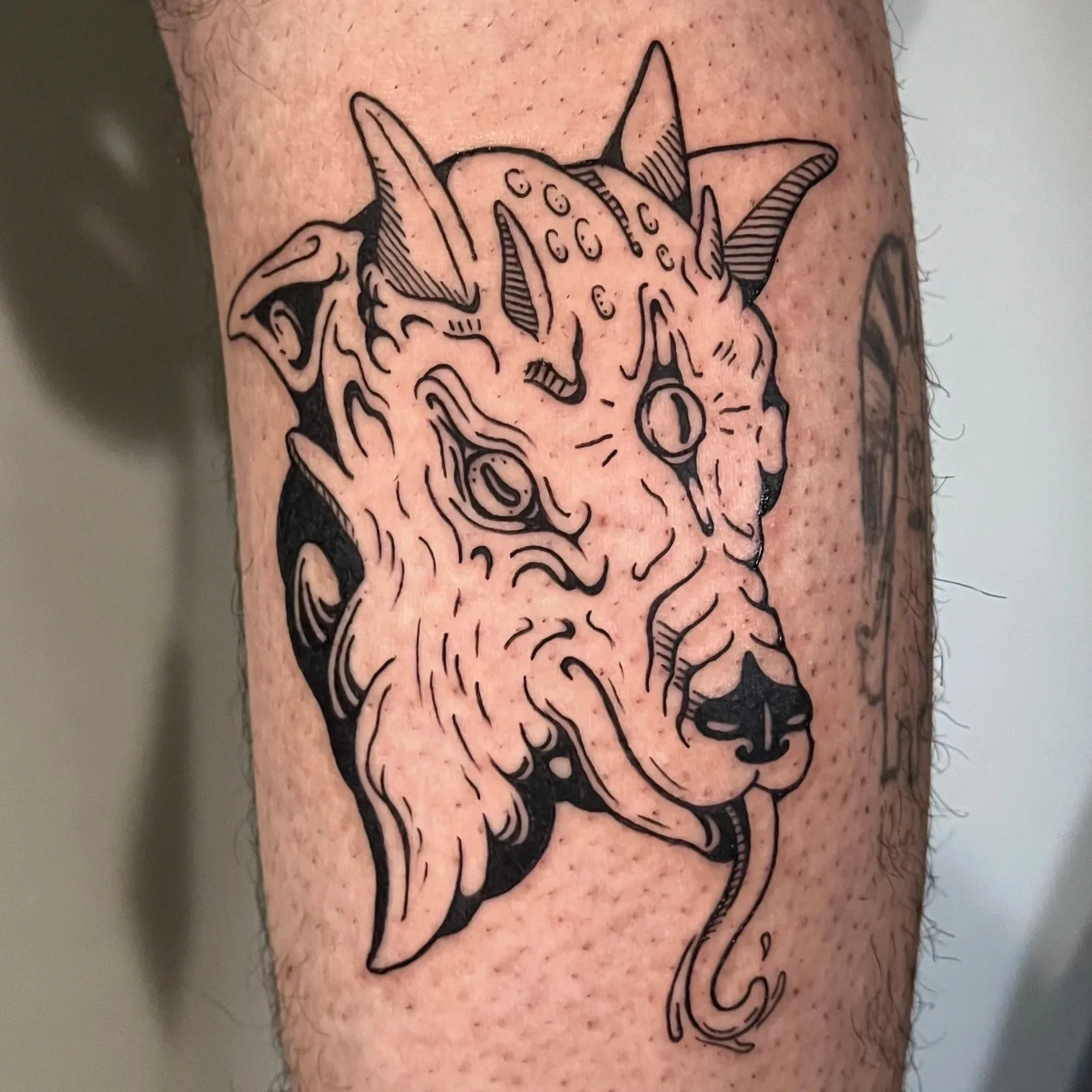Bold black-ink tattoo of a horned demon and wolf creature head with its tongue out, on a forearm