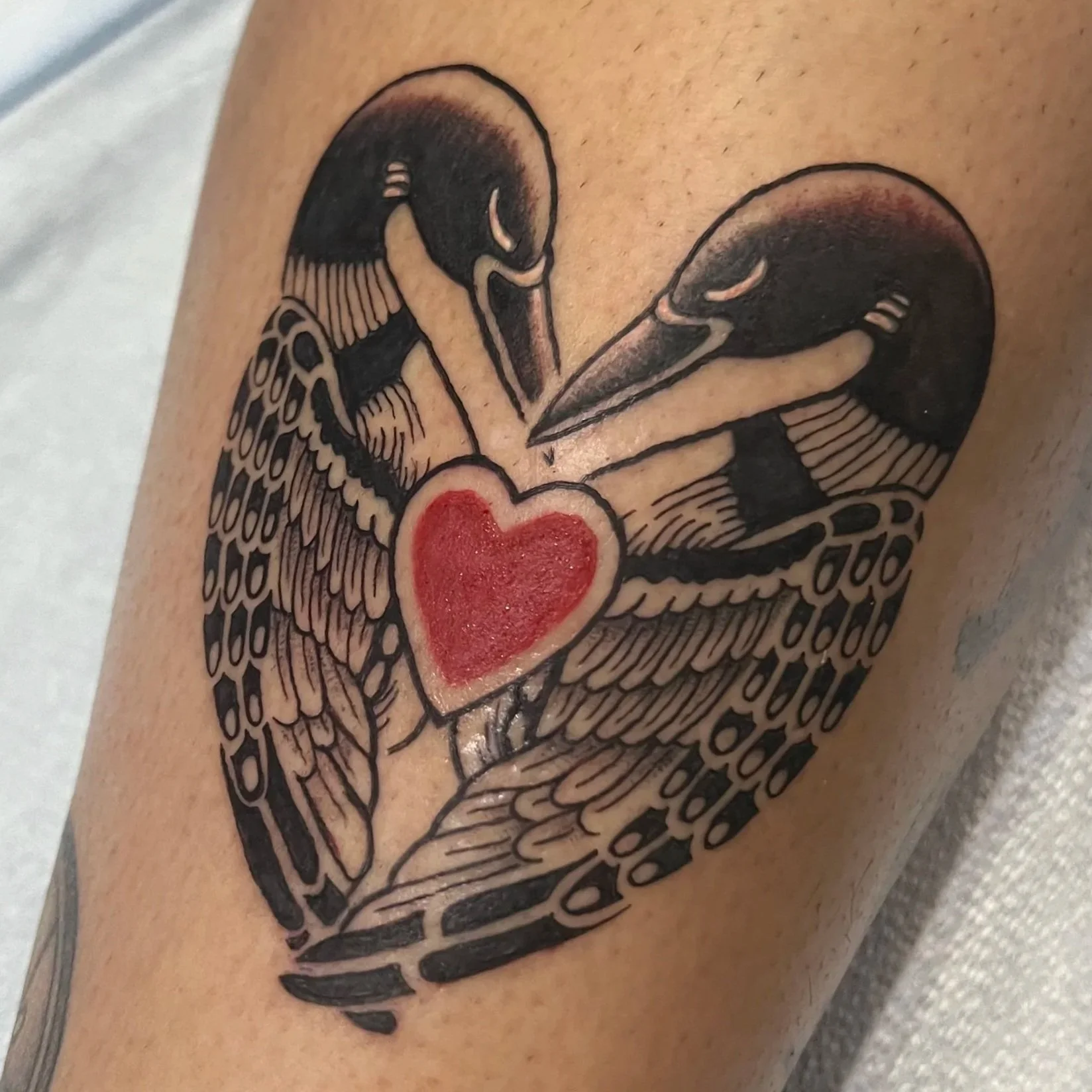 Traditional black-ink tattoo of two loons facing each other with a small red heart between them, on an arm