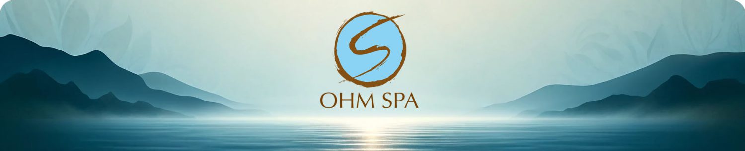 Ohm Spa logo — blue enso mark over a misty lake with bronze OHM SPA wordmark