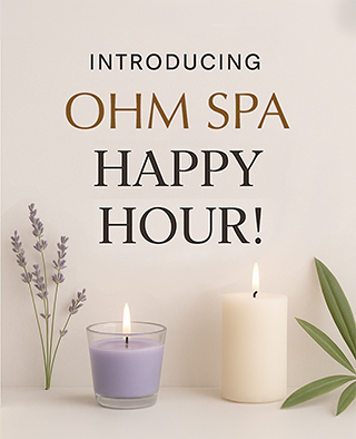 Introducing Ohm Spa Happy Hour graphic with candles and lavender
