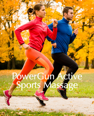 Man and woman running outdoors in an autumn park — PowerGun Active Sports Massage