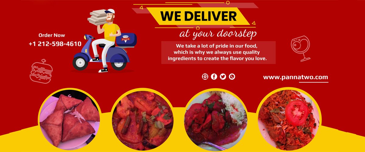 Panna II promotional banner: illustrated delivery rider on a scooter with the words We Deliver at your doorstep and photos of samosas, curries and biryani