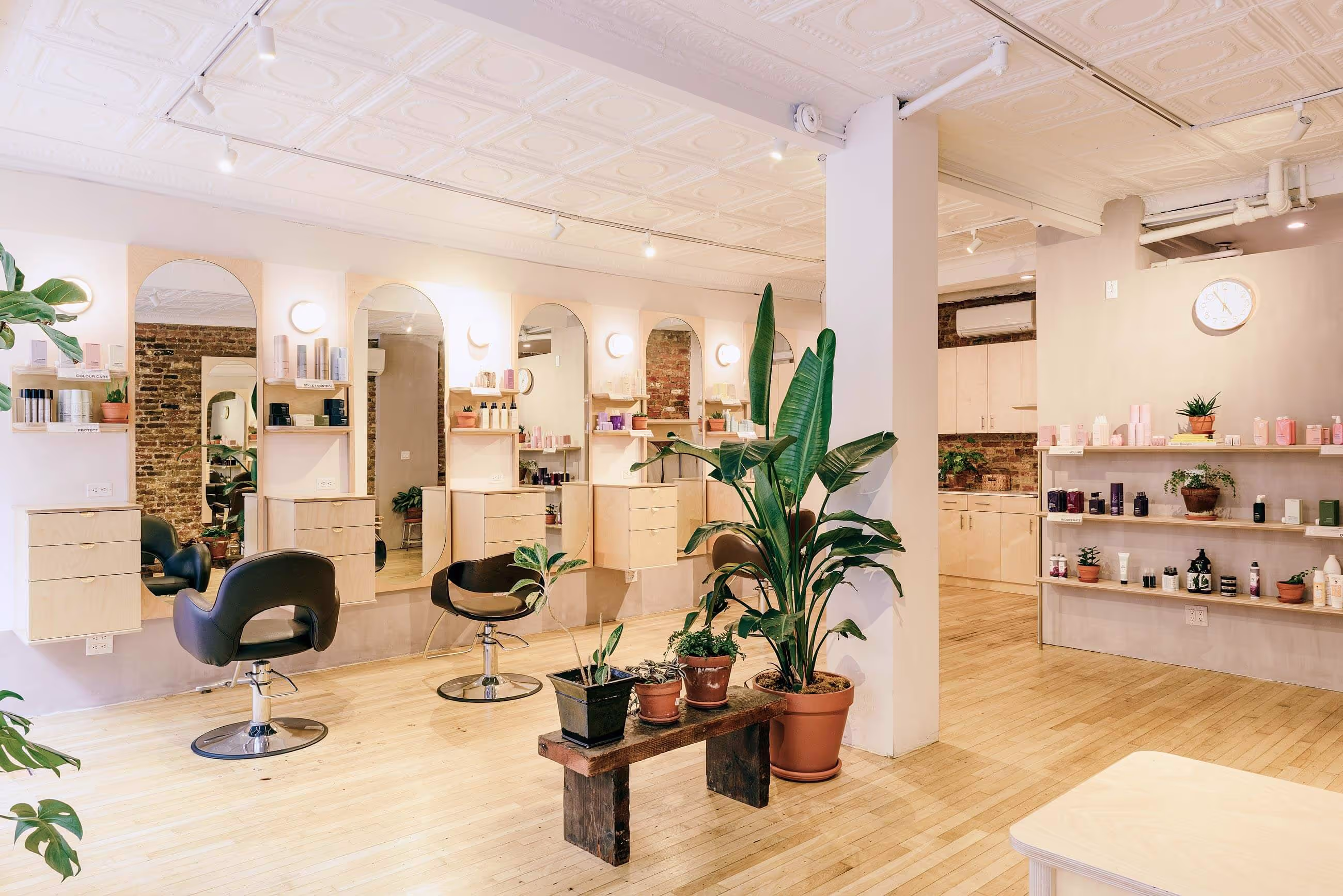 The bright, plant-filled interior of Redge Annex with styling chairs, arched mirrors and product shelving