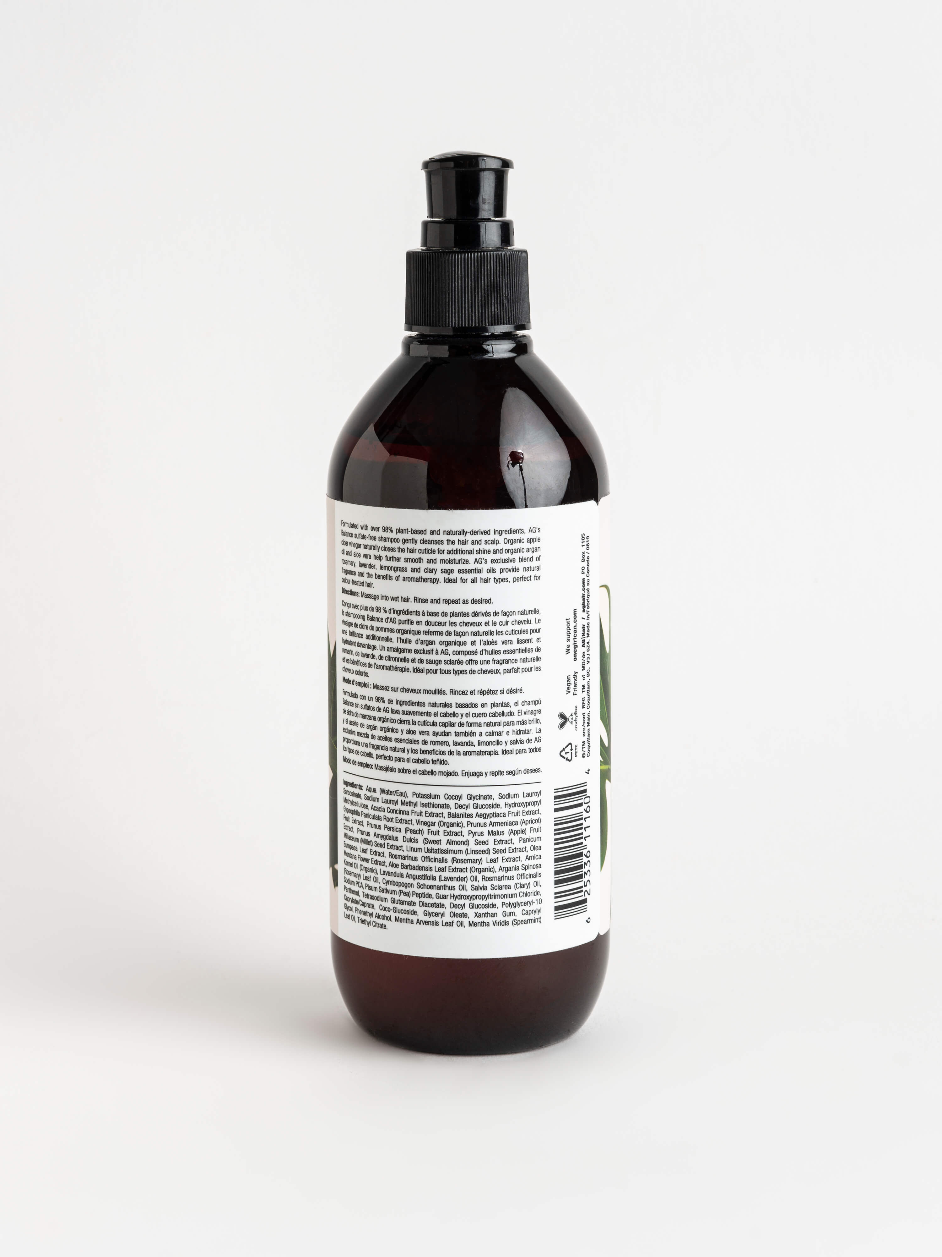 AG Balance shampoo bottle, back label with ingredient list