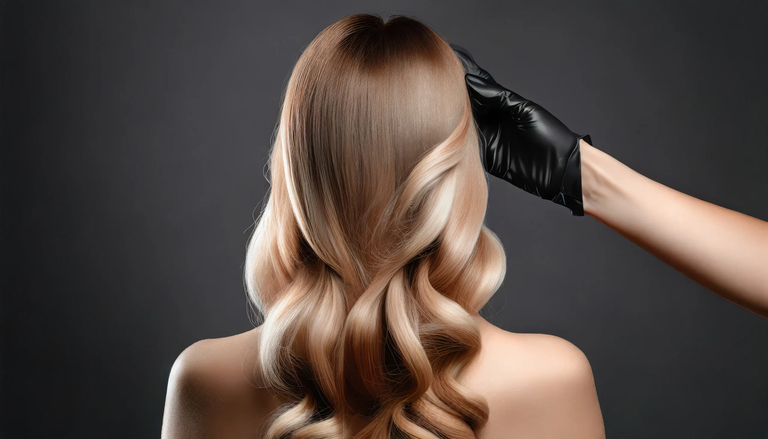 Blonde balayage hair being checked by a gloved hand
