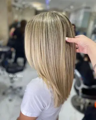 Straight blonde highlighted hair, Shear Bliss NYC