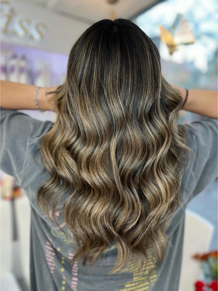 Dark hair with chunky blonde balayage highlights