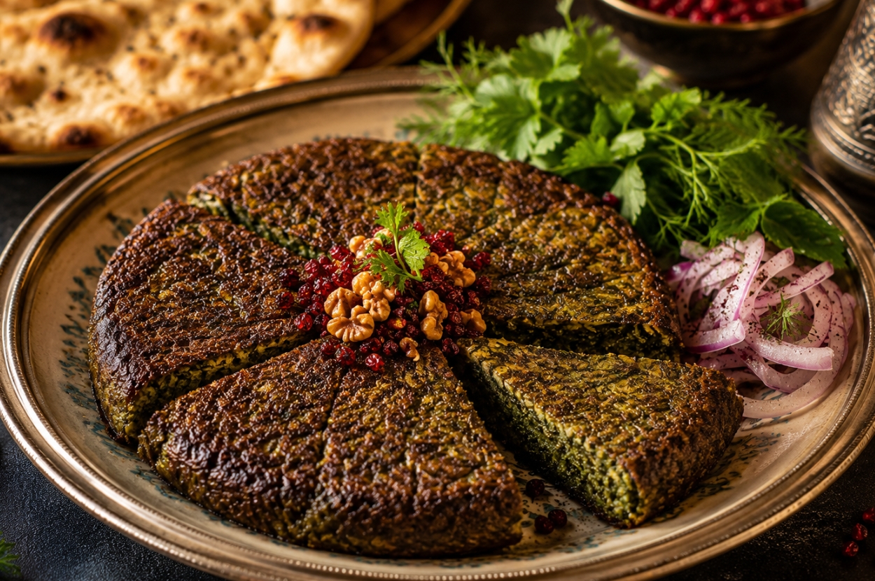 Kuku Sabzi — Persian herb frittata cut into wedges with walnuts, barberries, flatbread and fresh herbs