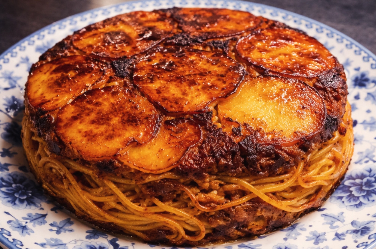 Persian Macaroni — inverted spaghetti and potato tahdig cake with a crisp golden crust on a blue-and-white plate