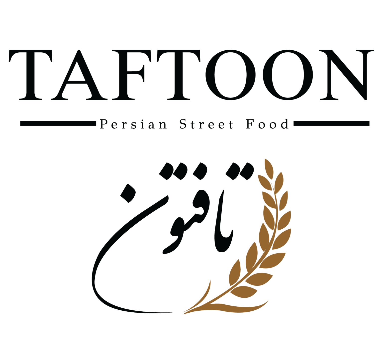 Taftoon wordmark with Persian script and gold wheat sprig emblem